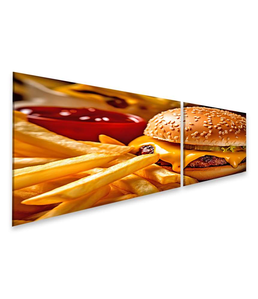 Islandburner Bild auf Leinwand Lebhaftes Wandbild: Hamburger und knusprige Pommes Frites