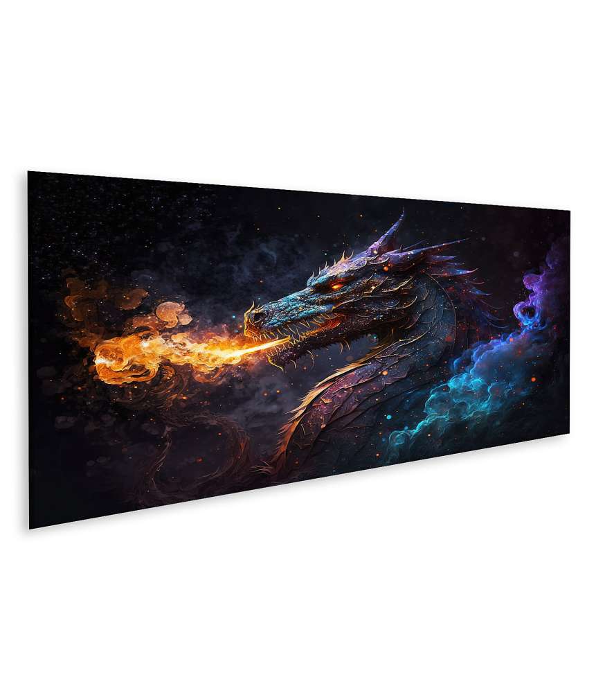 Islandburner Bild auf Leinwand Fantasy-Wandbild eines AI-generierten Drachen im riesigen Nachthimmel