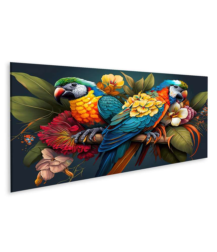 Islandburner Bild auf Leinwand Buntes Wandbild mit Papageien, tropischen Blumen und Wildtieren