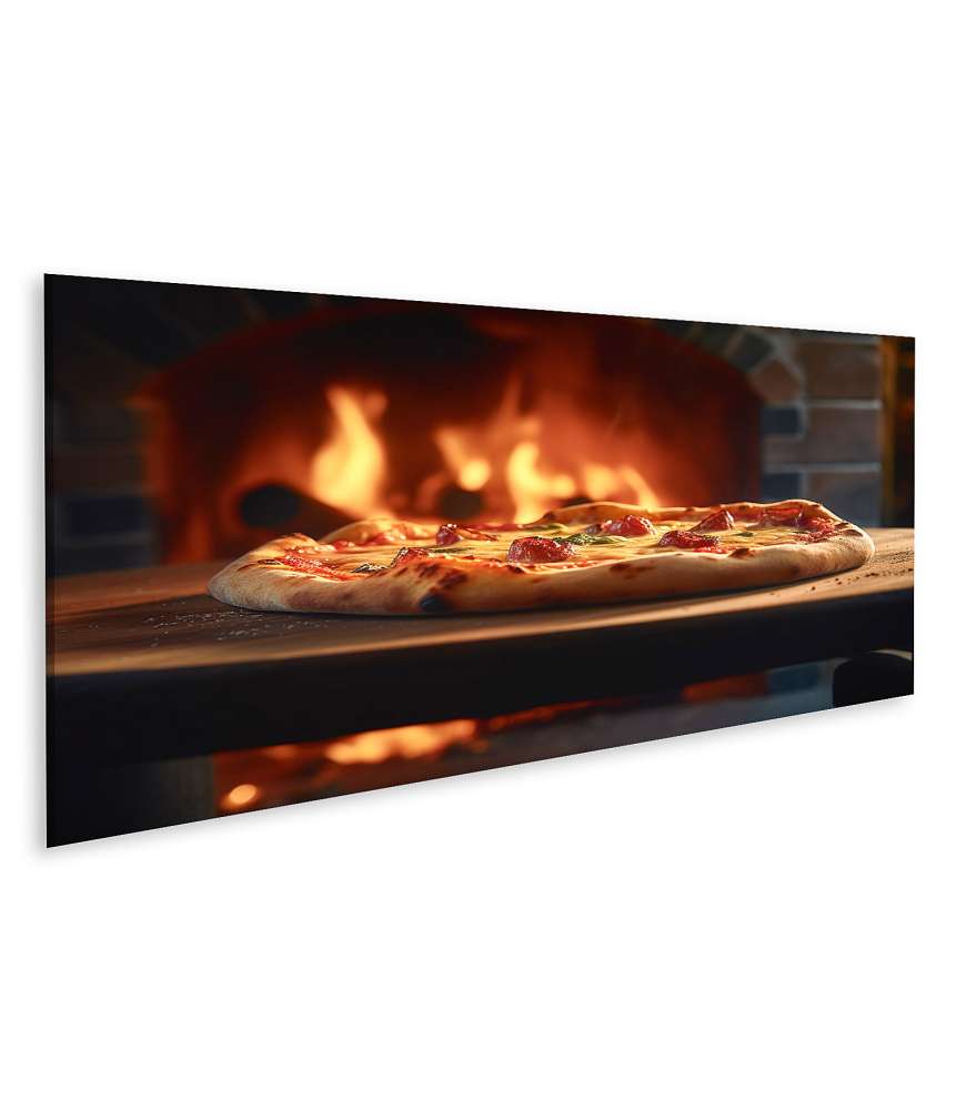 Islandburner Bild auf Leinwand Verlockendes Wandbild einer holzgefeuerten Pizza, serviert auf Holzbrett