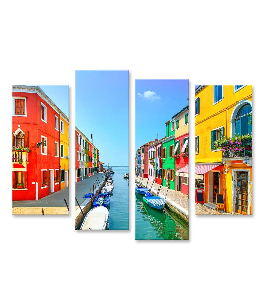 Islandburner Bild auf Leinwand Buntes Wandbild von Venedigs Wahrzeichen: Burano Insel, Kanal, Häuser und Boote