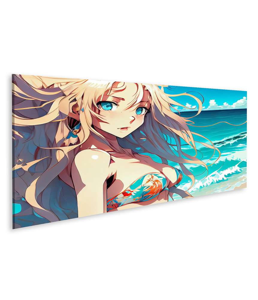 Islandburner Bild auf Leinwand Anime-Mädchen mit langem blauen Haar in Cosplay-Manga-Stil Wandbild