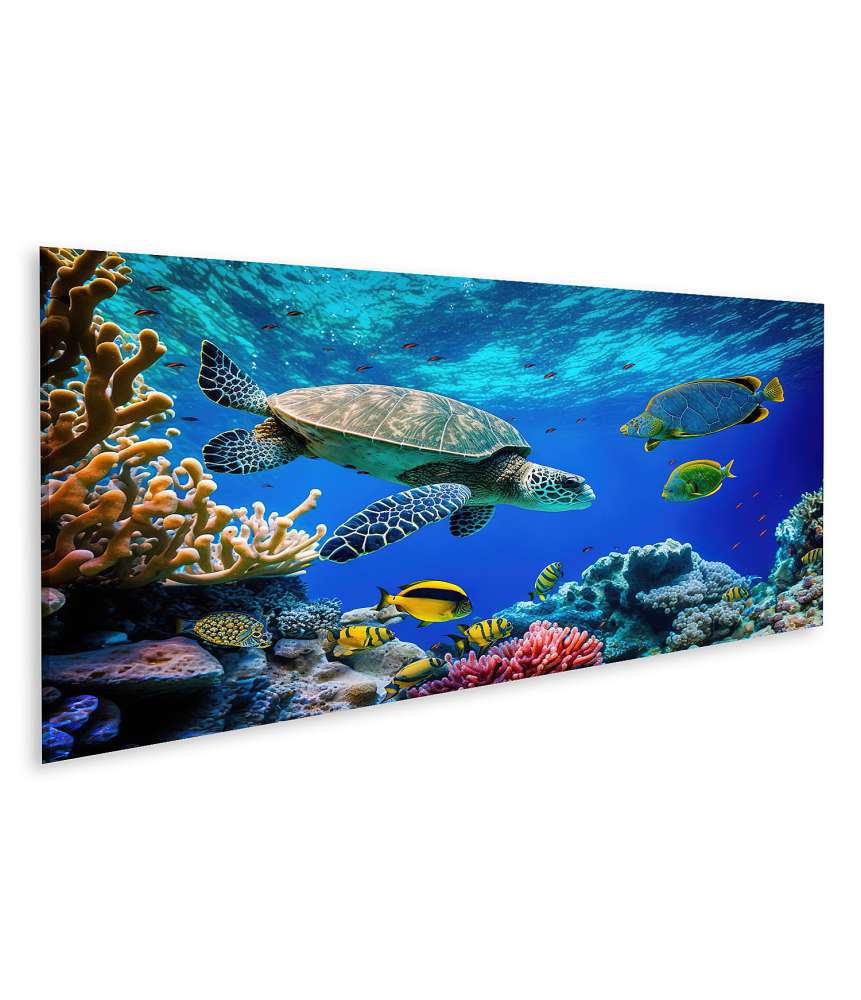 Islandburner Bild auf Leinwand Unterwasserwandbild mit wilder Seeschildkröte, Fischen & Korallenriff