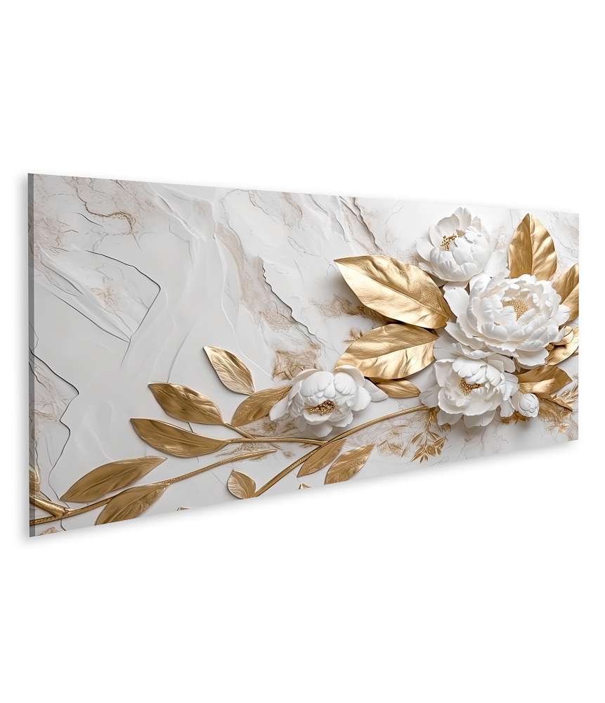 Islandburner Bild auf Leinwand Luxuriöses Wandbild mit goldener Blumenmuster auf weißem Marmor-Hintergrund