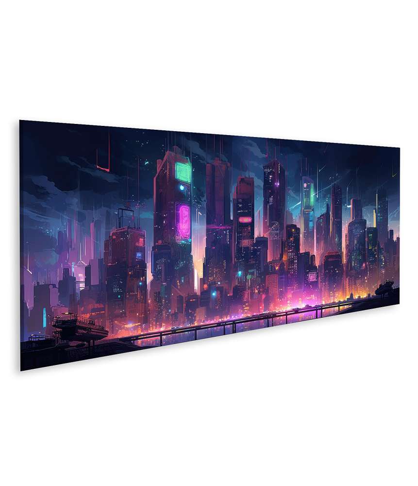 Islandburner Bild auf Leinwand Dunkle Cyberpunk-Stadt-Skyline beleuchtet mit Neonlichtern