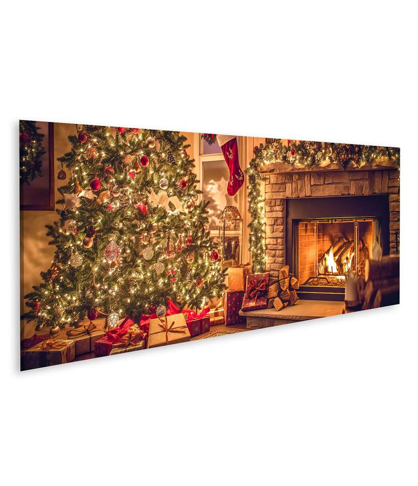 Islandburner Bild auf Leinwand Innenraum mit weihnachtlich dekoriertem Baum, Geschenken, Kamin und Banner