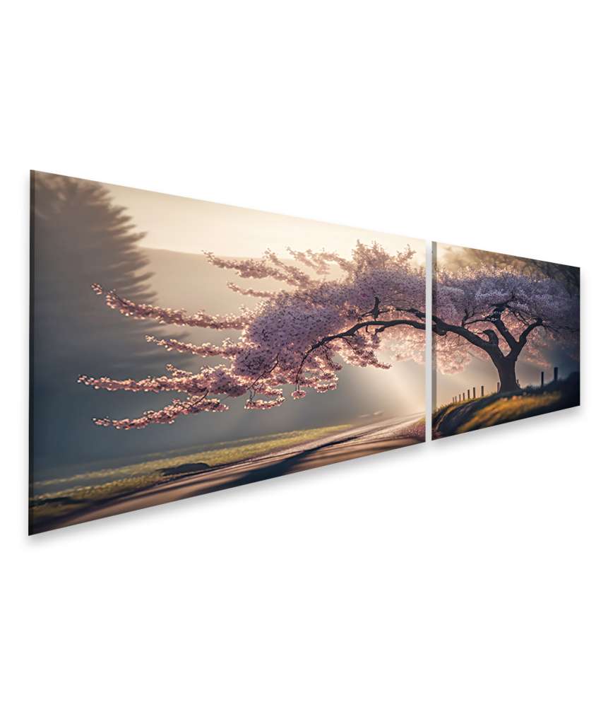 Islandburner Bild auf Leinwand Zartrosa Sakura-Baum im Frühlingsnebel Japans erblüht bei Morgendämmerung