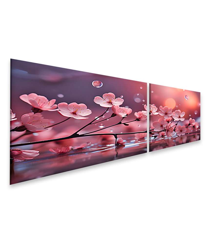 Islandburner Bild auf Leinwand Kirschbaumzweig mit rosa Sakura-Blüten, Wasser plätschert, Spritzer