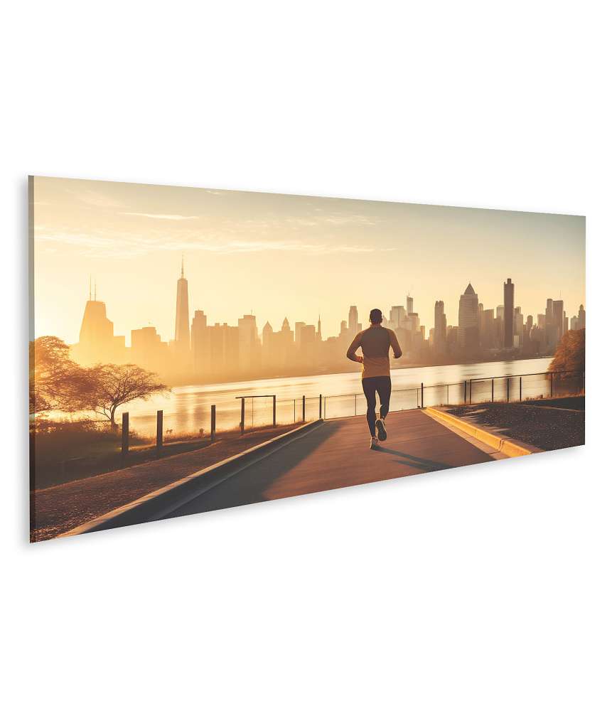 Islandburner Bild auf Leinwand Gemaltes Wandbild eines Sportlers beim Morgenlauf im Stadtpark vor Skyline