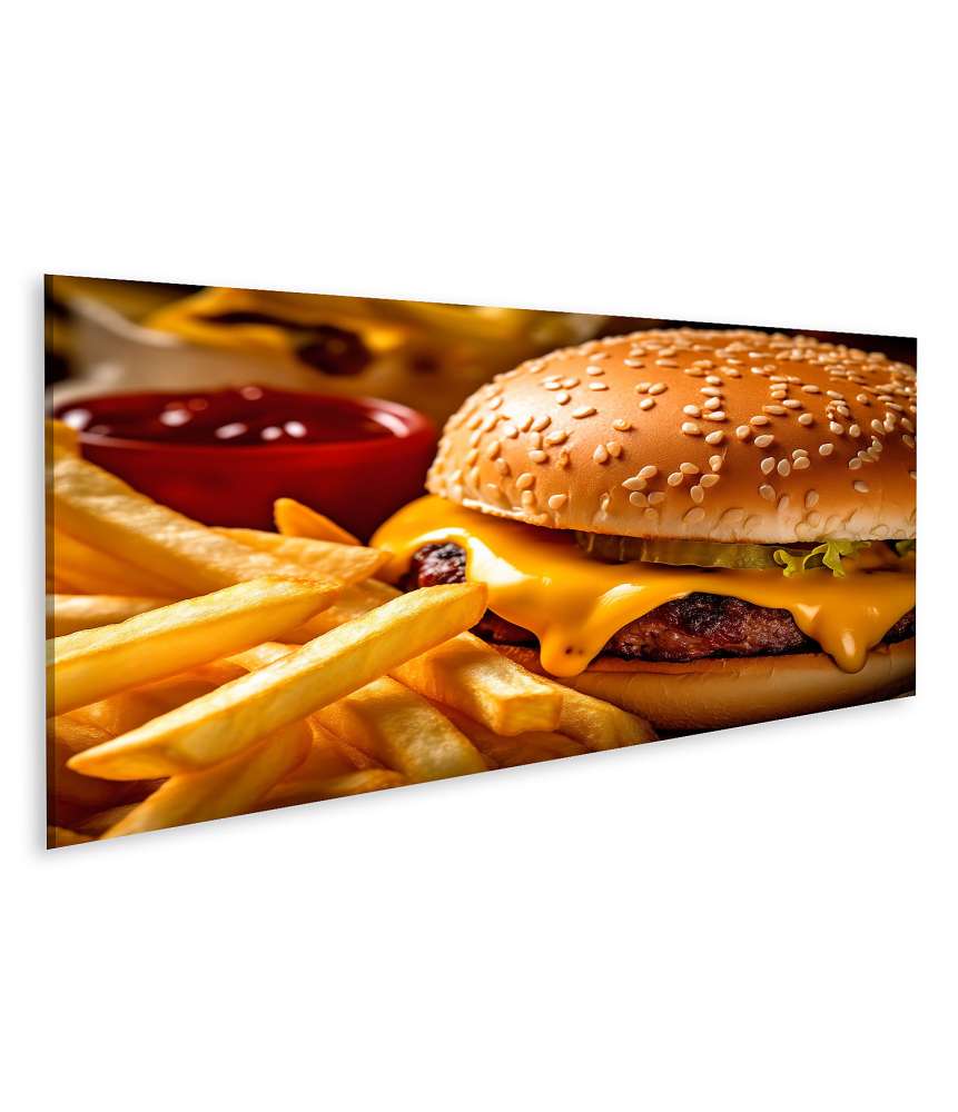 Islandburner Bild auf Leinwand Lebhaftes Wandbild: Hamburger und knusprige Pommes Frites