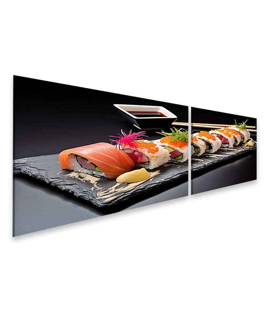 Islandburner Bild auf Leinwand Leckeres Sushi-Set mit Wasabi, stilvoll auf schwarzem Hintergrund präsentiert