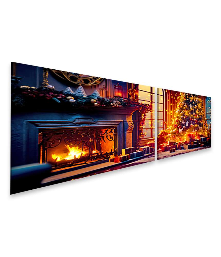 Islandburner Bild auf Leinwand Festlich geschmückter Weihnachtsbaum neben Kamin, Geschenke darunter im Wohnzimmer