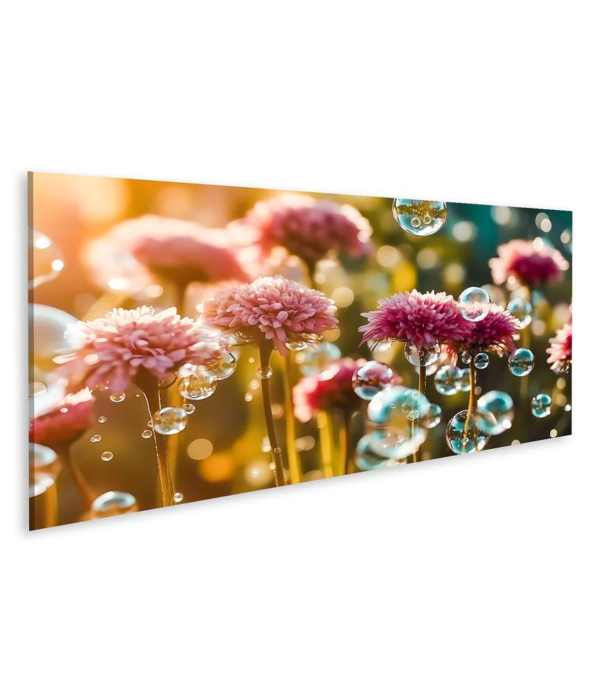 Islandburner Bild auf Leinwand Vibrantes Wandbild mit mehrfarbigen Wildblumen und Seifenblasen