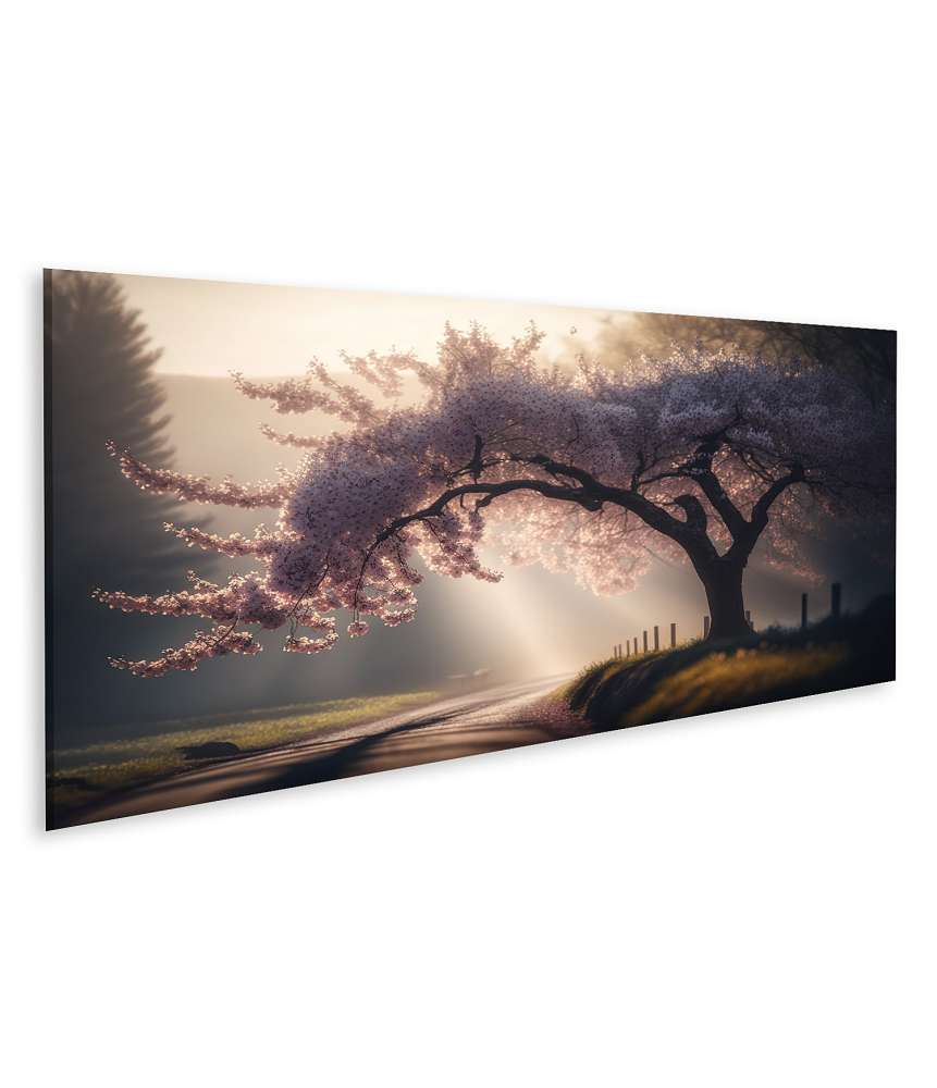 Islandburner Bild auf Leinwand Zartrosa Sakura-Baum im Frühlingsnebel Japans erblüht bei Morgendämmerung