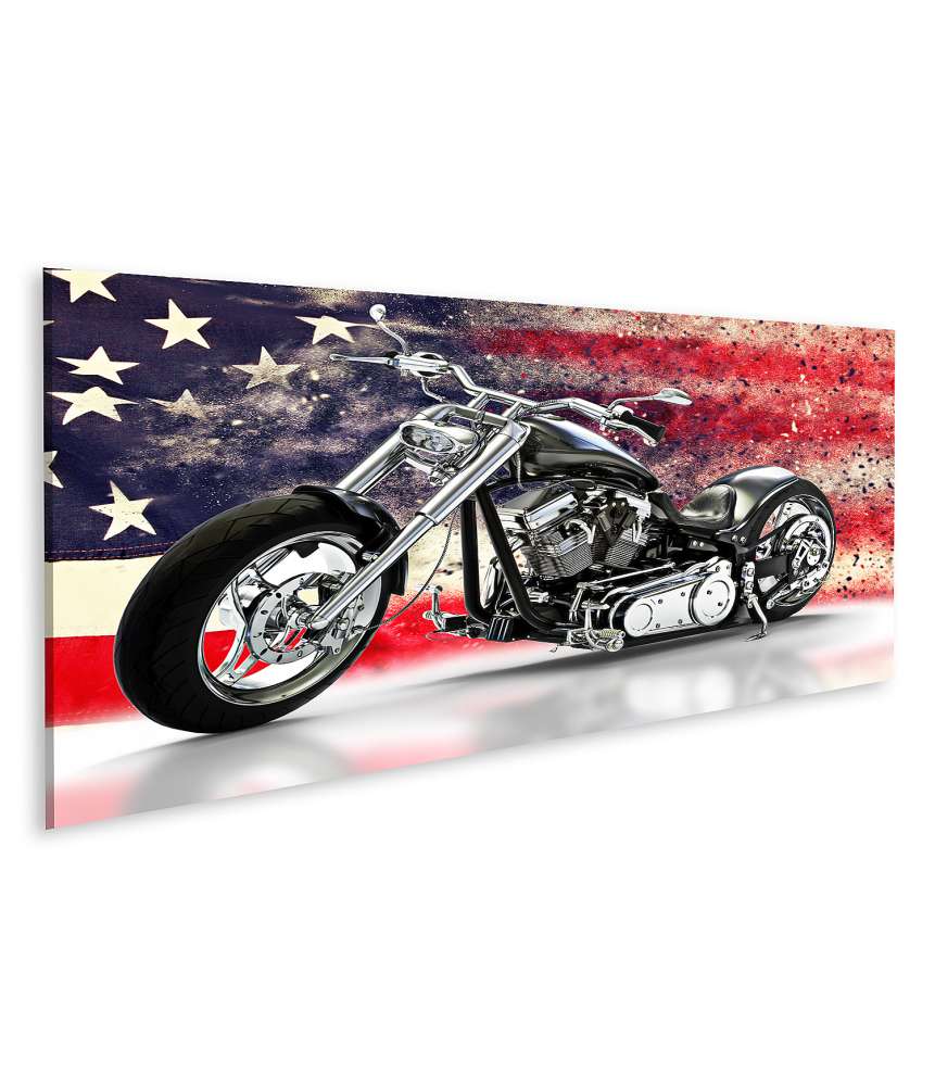 Islandburner Bild auf Leinwand Schwarzes Motorrad mit amerikanischer Flagge, ideal für Harley Davidson