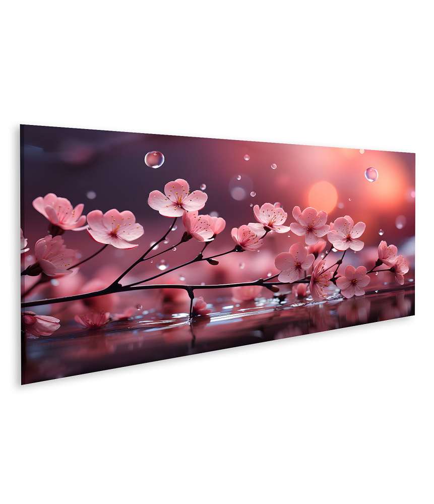 Islandburner Bild auf Leinwand Kirschbaumzweig mit rosa Sakura-Blüten, Wasser plätschert, Spritzer