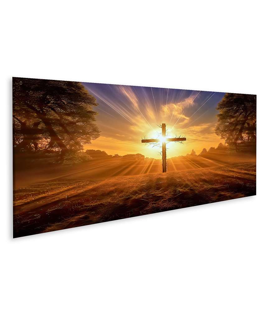 Islandburner Bild auf Leinwand Hintergrundbeleuchtetes großes Kreuz mit Sonnenstrahlen hinter Christus