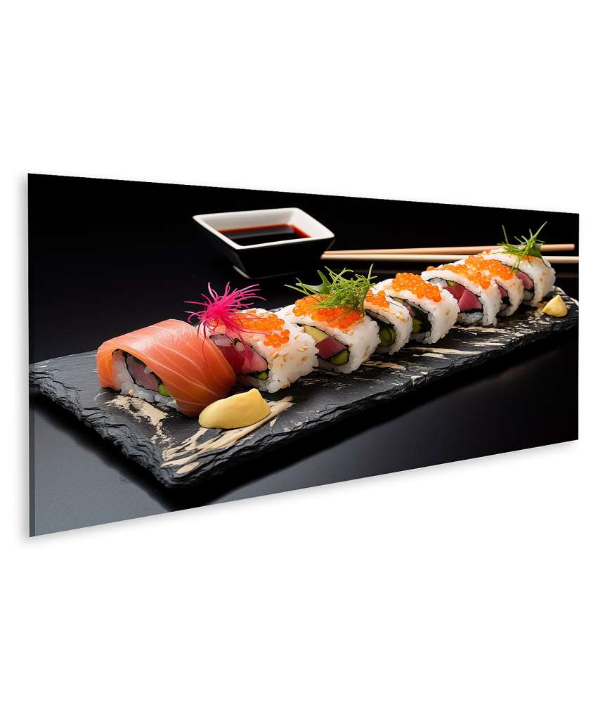 Islandburner Bild auf Leinwand Leckeres Sushi-Set mit Wasabi, stilvoll auf schwarzem Hintergrund präsentiert