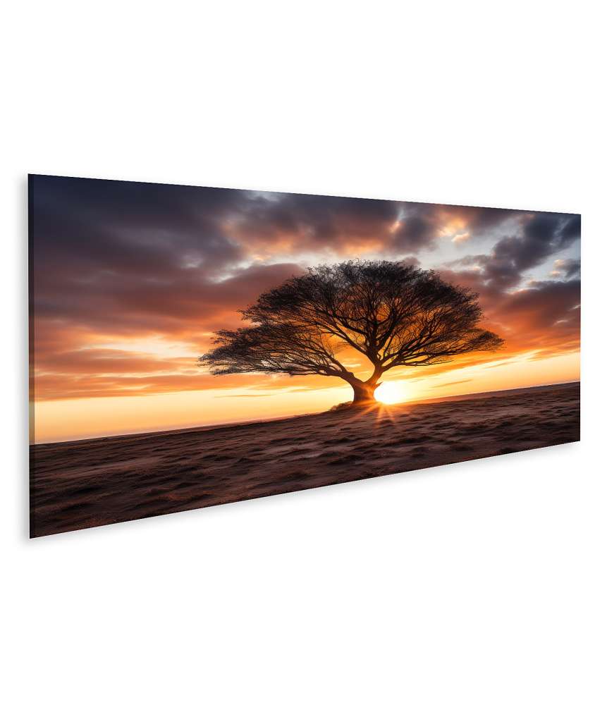 Islandburner Bild auf Leinwand Einsamer Baum in afrikanischer Wüste vor orangerotem Sonnenuntergang