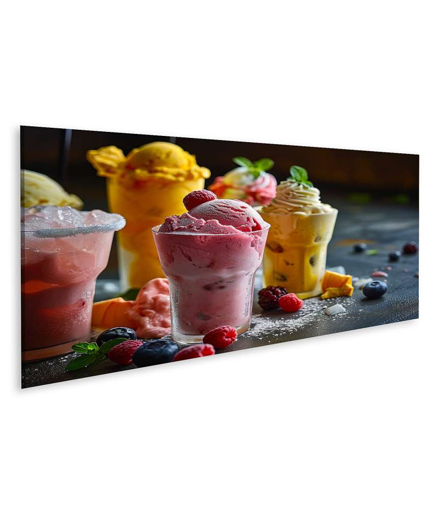 Islandburner Bild auf Leinwand Buntes Wandbild von Eiscreme mit Früchten in einem Glasbecher