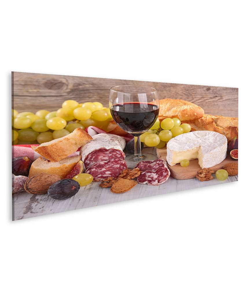 Islandburner Bild auf Leinwand Darstellung von Wein, Käse, Wurst und Brot auf einem Wandbild