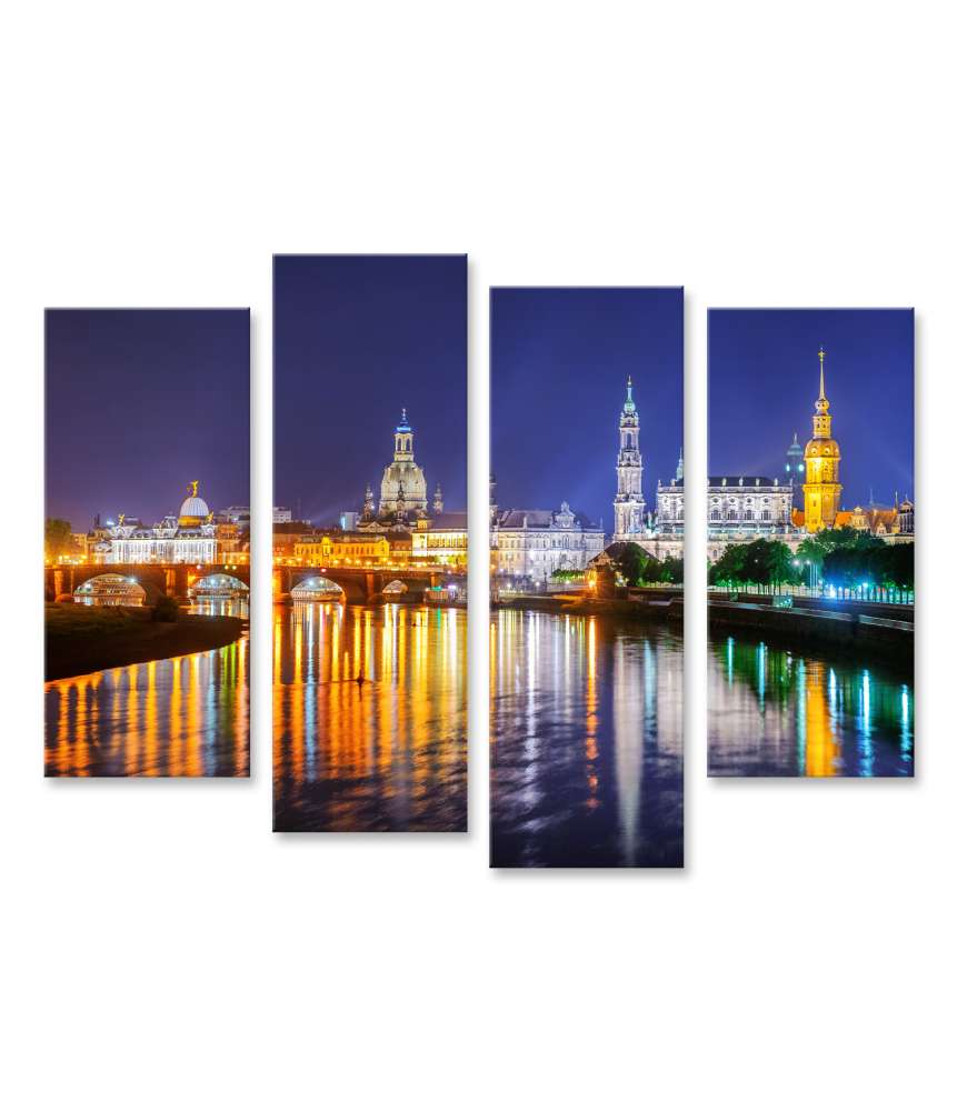 Islandburner Bild auf Leinwand Panoramablick auf die Altstadt von Dresden an der Elbe bei Nacht, Deutschland