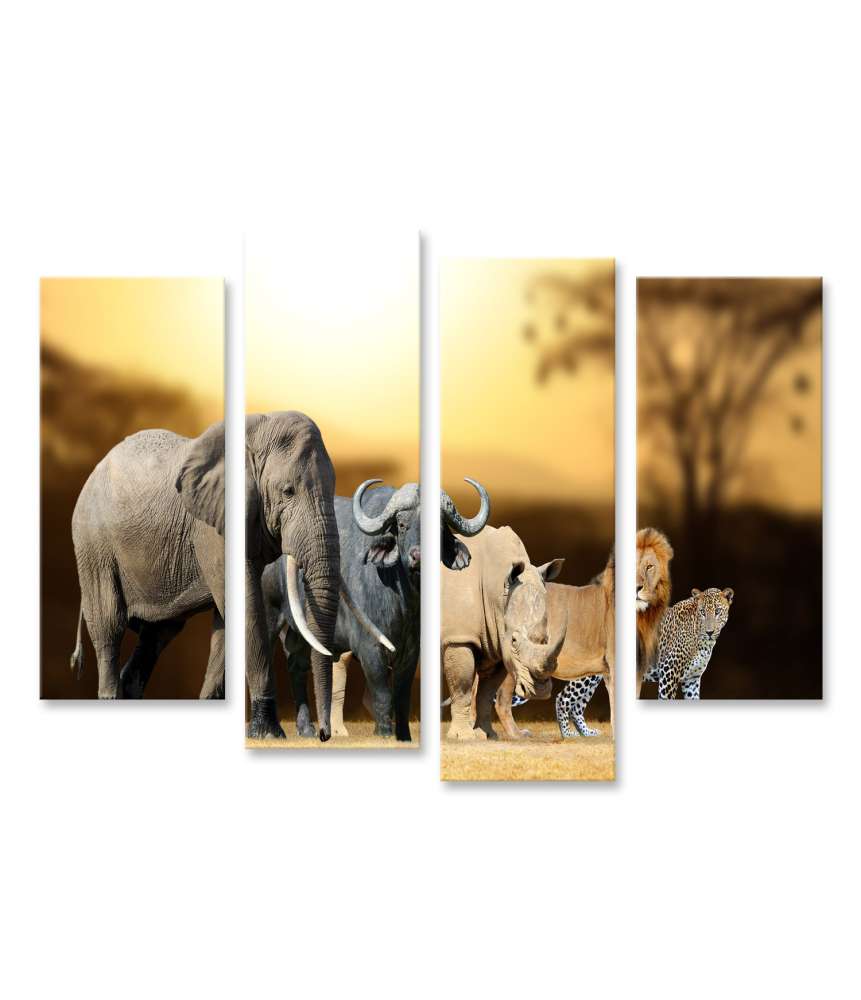 Islandburner Bild auf Leinwand Big Five Afrika-Wandbild für Kinder/Jugendzimmer: Löwe, Elefant, Leopard, Büffel, Nashorn