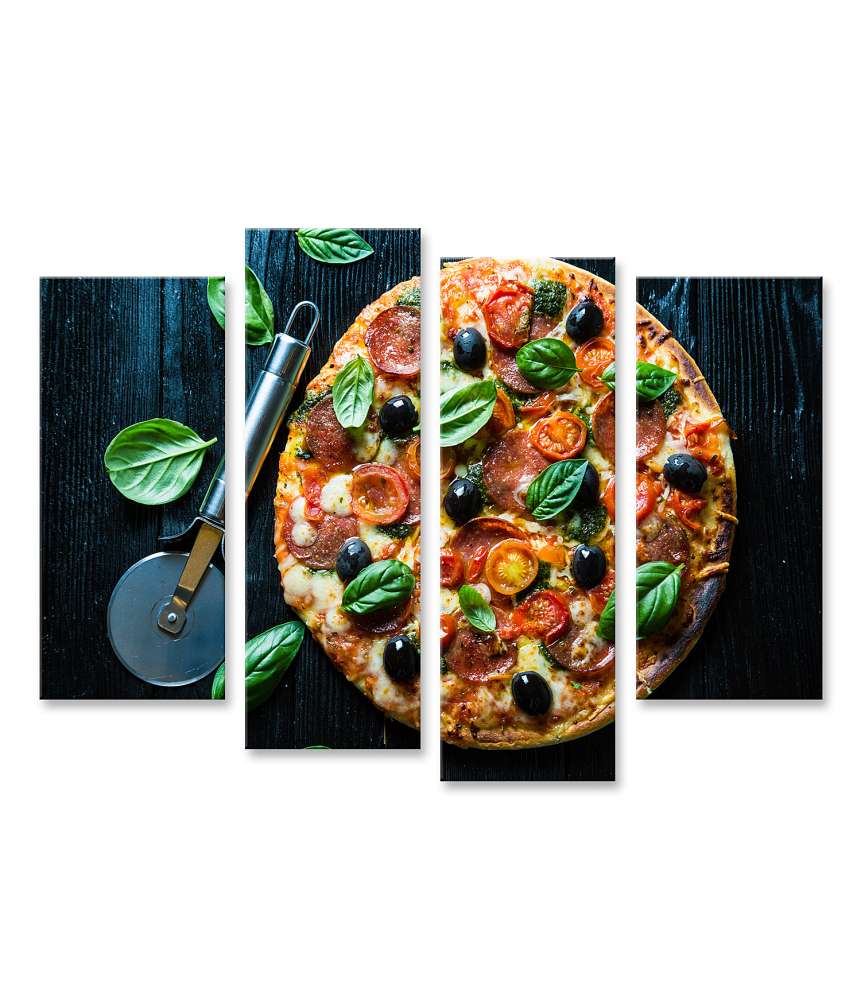 Bild auf Leinwand Lebhaftes Wandbild einer Salami-Pizza mit Oliven und Basilikum in Pizzeria