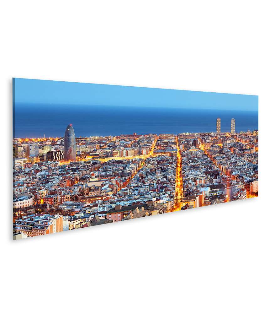 Islandburner Bild auf Leinwand Nächtliche Luftaufnahme der Skyline von Barcelona, Spanien