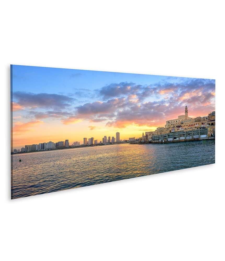 Islandburner Bild auf Leinwand Sonnenbeleuchtete Altstadt Jaffa und moderne Skyline von Tel Aviv