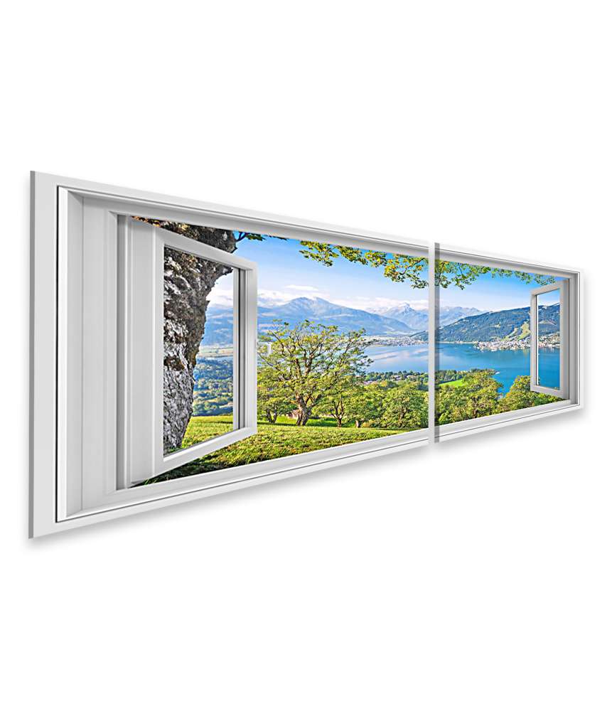 Islandburner Bild auf Leinwand Panoramablick auf prächtige Alpenlandschaft durch ein Fenster-Wandbild