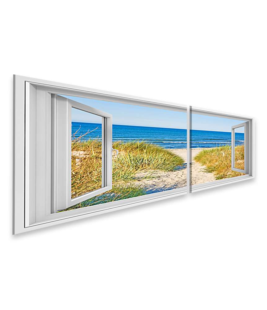 Islandburner Bild auf Leinwand Blick durchs Fenster auf den Strandweg zur Ostsee, umgeben von Marramgras