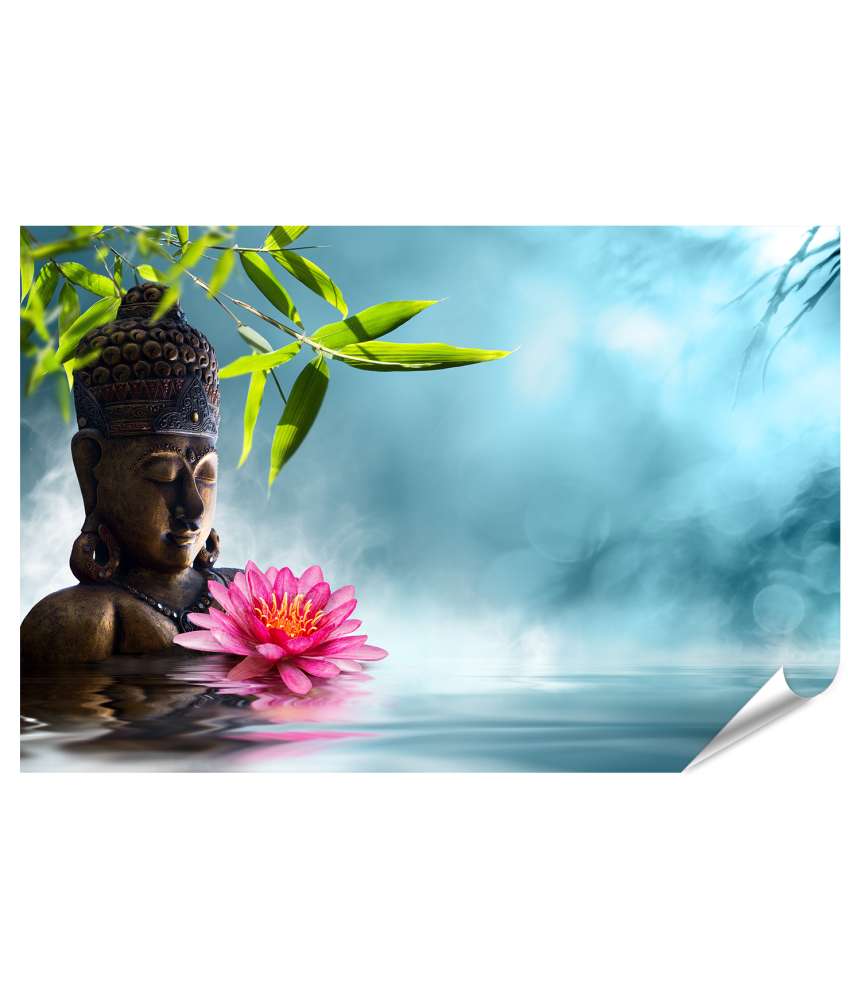 Islandburner XXL Premium Poster Asiatisches Wandbild mit Buddha in Meditation neben Bambus im Spa-Stil