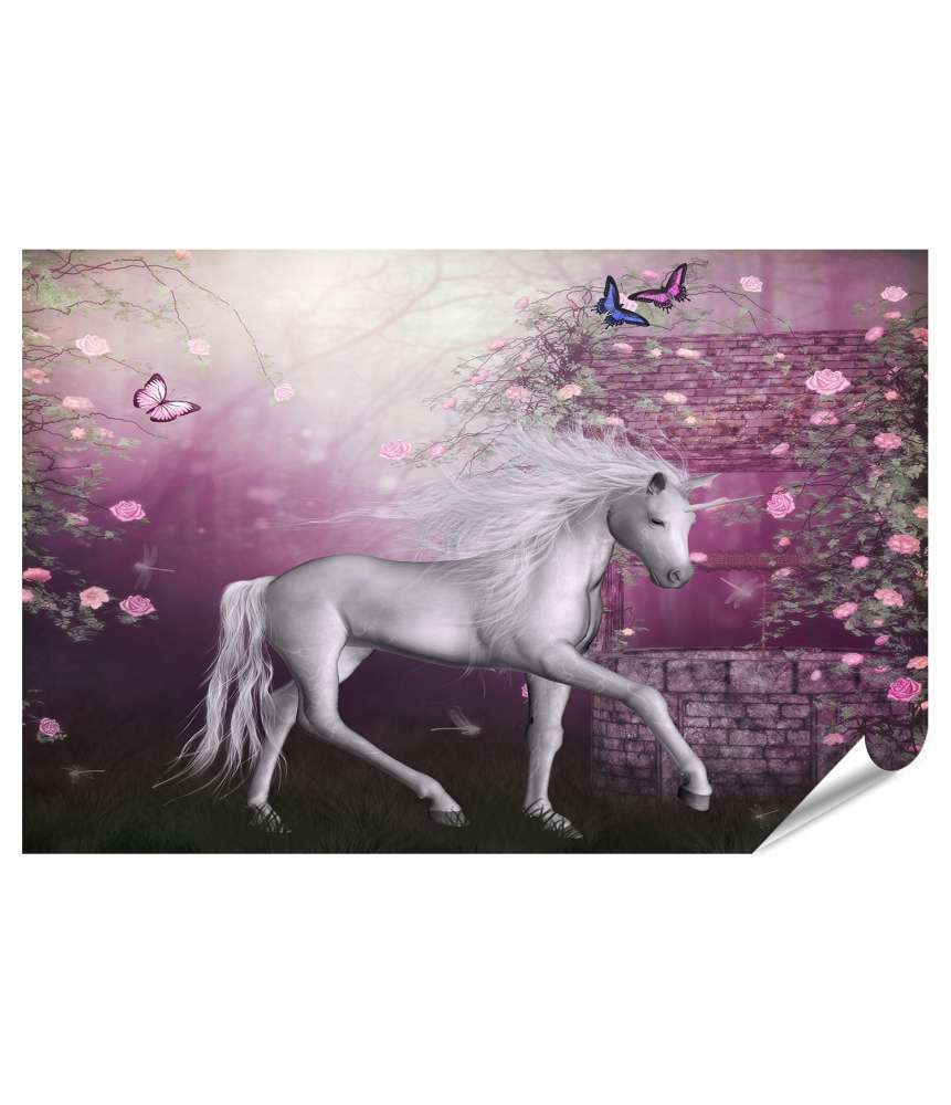 Islandburner XXL Premium Poster Märchenhaftes Einhorn und Fee Wandbild im Mondschein für Mädchen-Kinderzimmer