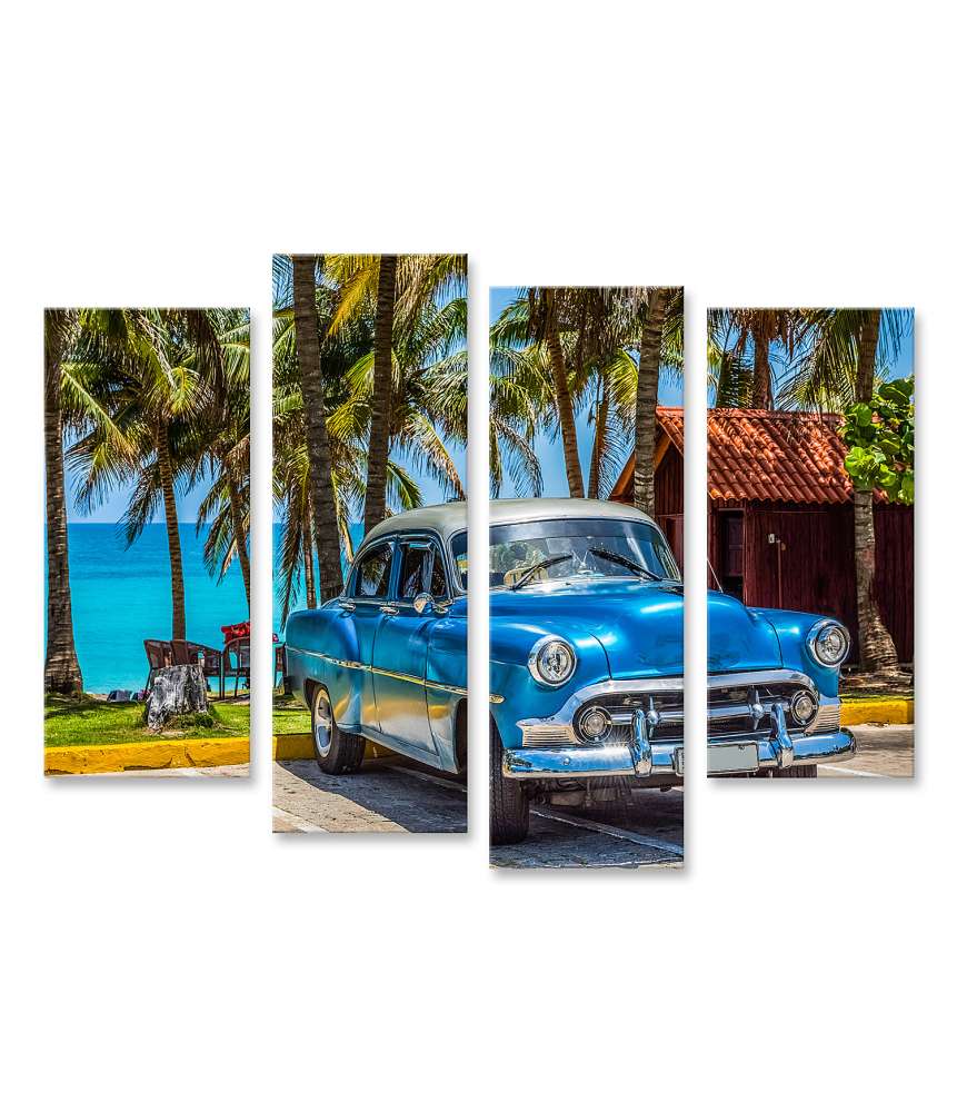 Islandburner Bild auf Leinwand Blauer Oldtimer mit Silberdach am Strand von Varadero, Kuba