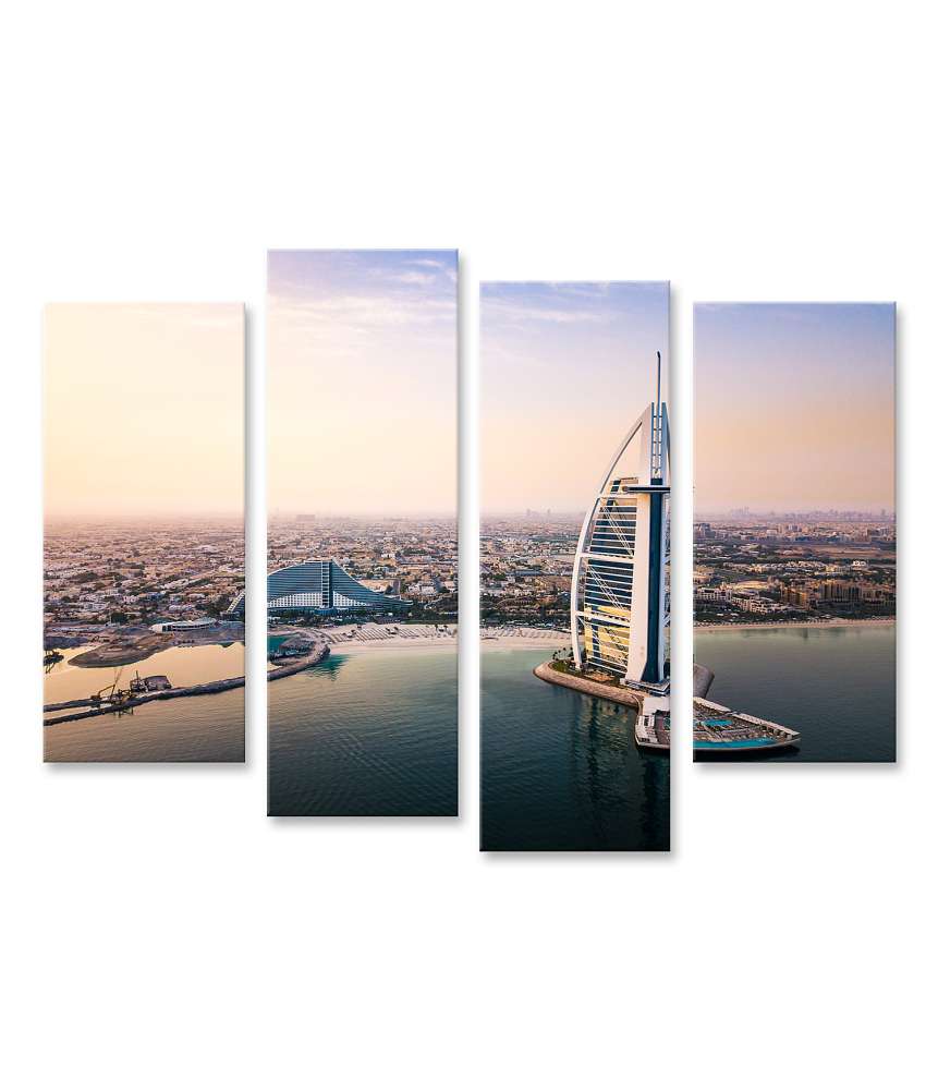 Islandburner Bild auf Leinwand Sonnenaufgang über Dubais Küsten-Skyline und dem Luxushotel Burj Al Arab