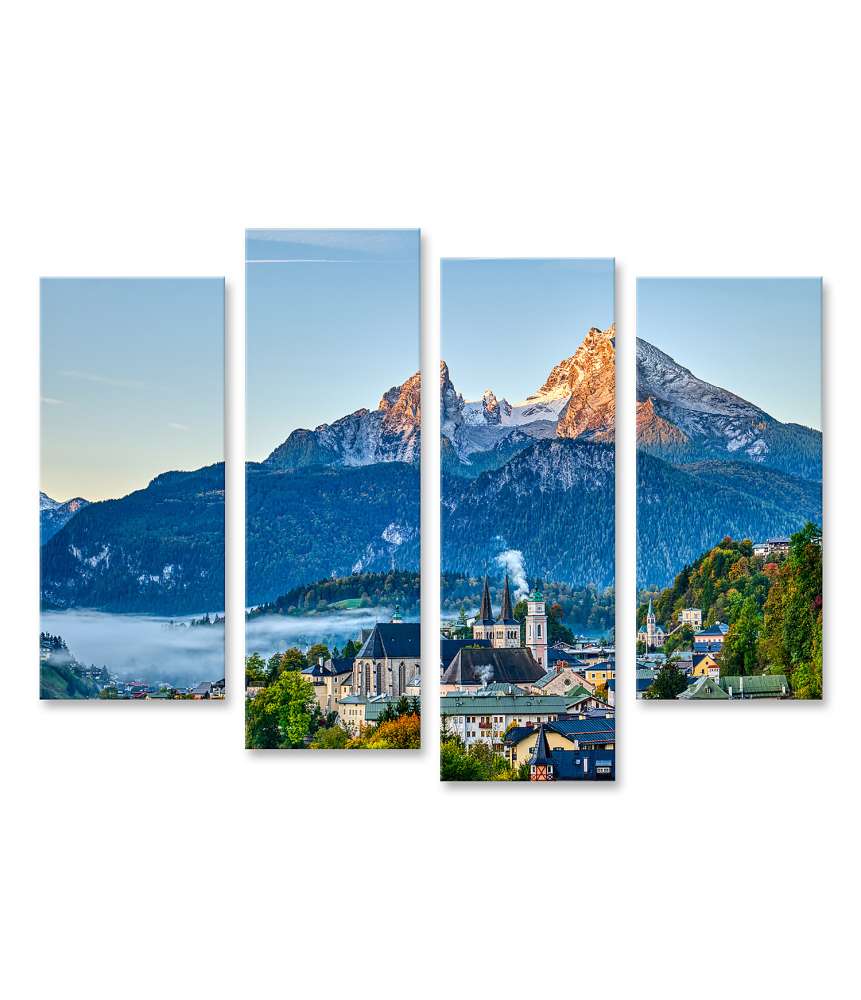 Islandburner Bild auf Leinwand Berg Watzmann über der malerischen Stadt Berchtesgaden in den Bayerischen Alpen