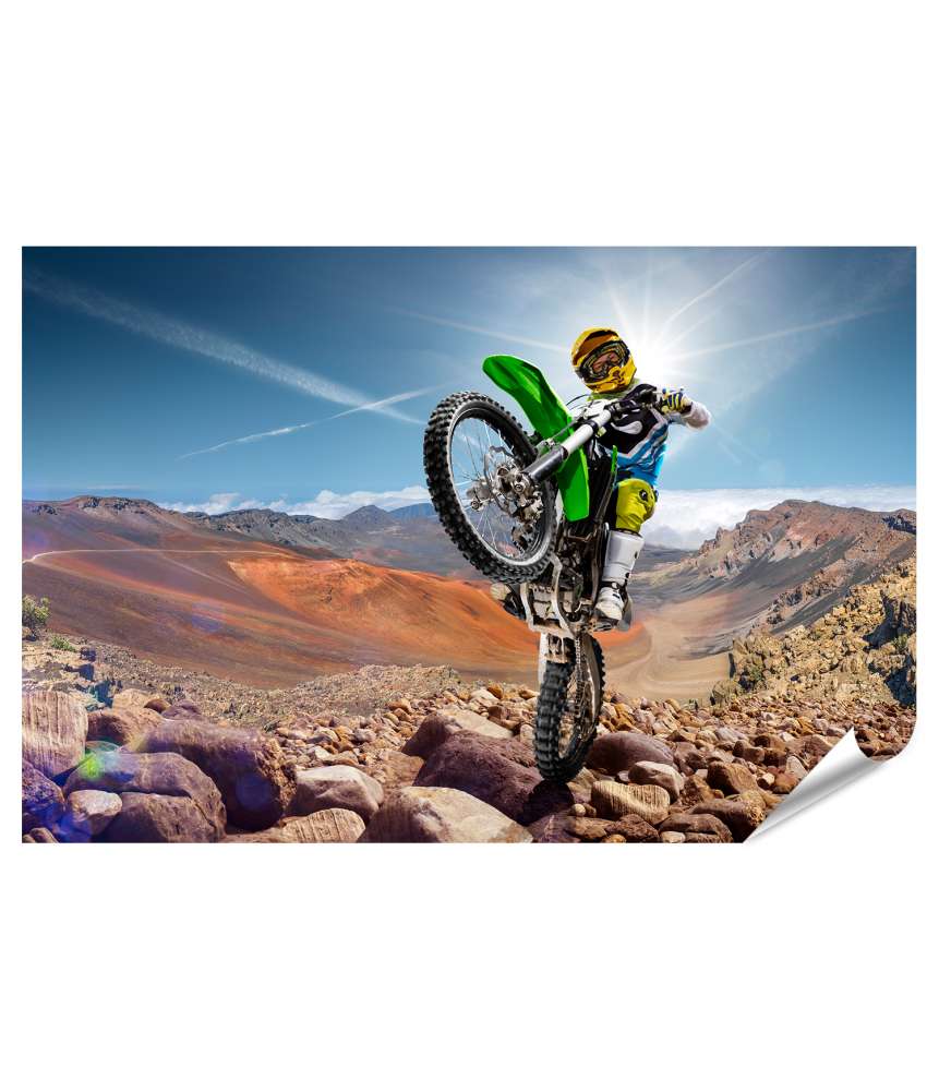 Islandburner XXL Premium Poster Dirt Bike führt einen Wheelie auf einer Motocross-BMX-Strecke aus