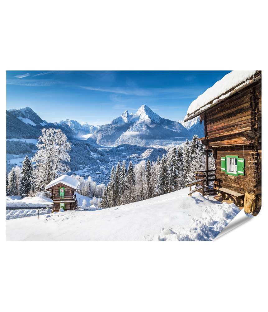 Islandburner XXL Premium Poster Traditionelle Berghütten in malerischer Alpen-Winterlandschaft