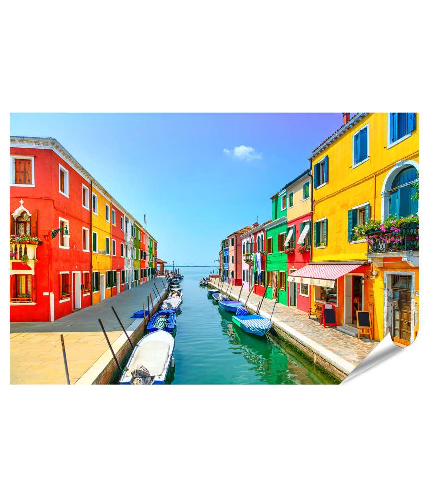 Islandburner XXL Premium Poster Buntes Wandbild von Venedigs Wahrzeichen: Burano Insel, Kanal, Häuser und Boote