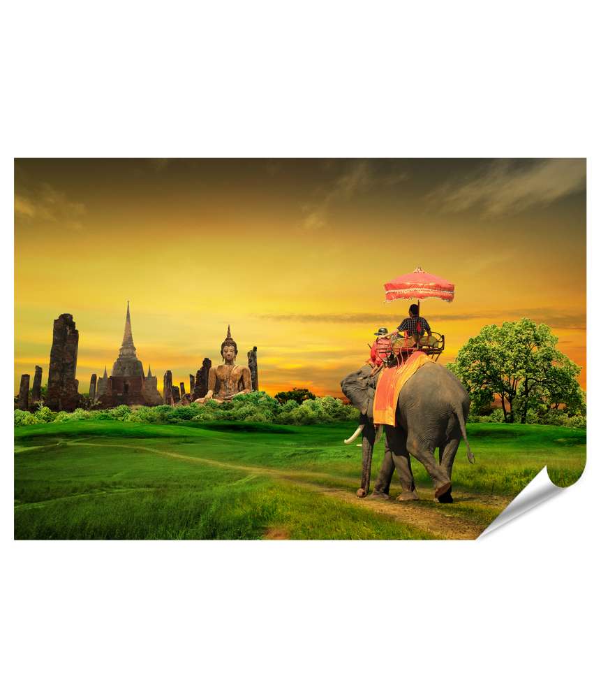 Islandburner XXL Premium Poster Mensch reitet auf Elefant in thailändischer Landschaft bei Sonnenuntergang