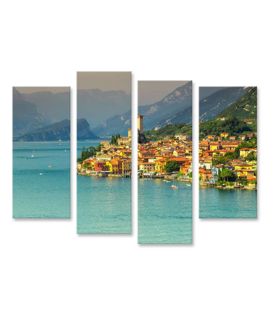 Islandburner Bild auf Leinwand Atemberaubendes Wandbild des Touristenresorts Malcesine, Gardasee, Italien