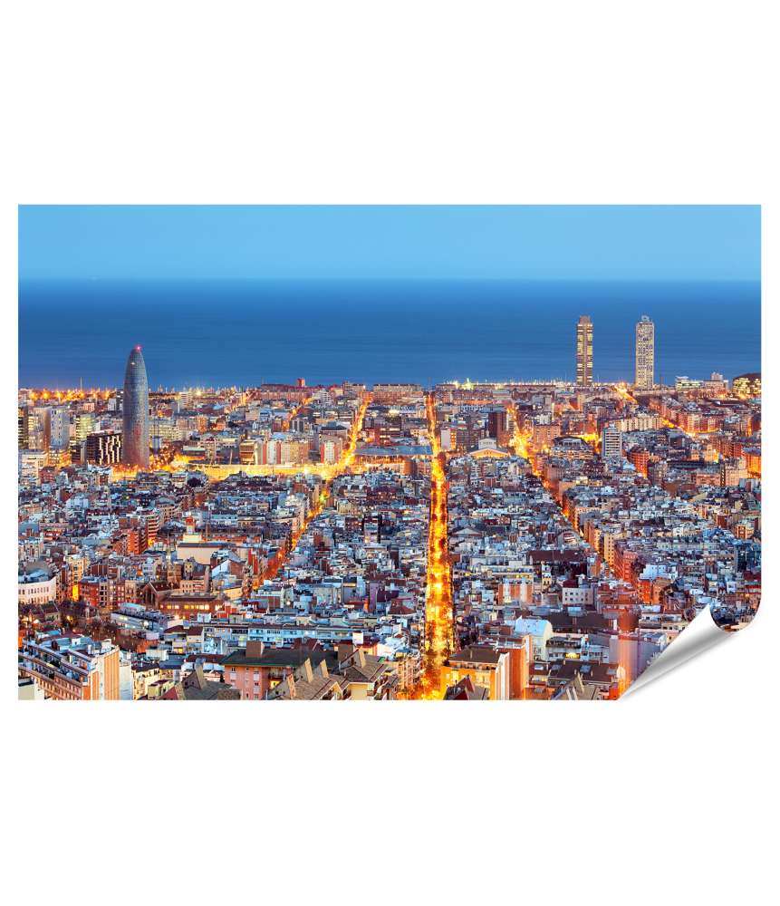 Islandburner XXL Premium Poster Nächtliche Luftaufnahme der Skyline von Barcelona, Spanien