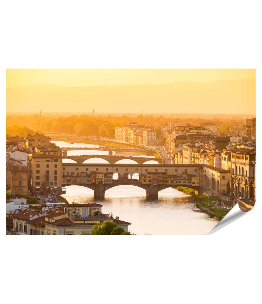 Islandburner XXL Premium Poster Sonnenuntergang über dem Fluss Arno mit Blick auf die berühmte Ponte Vecchio, Florenz, Toskana