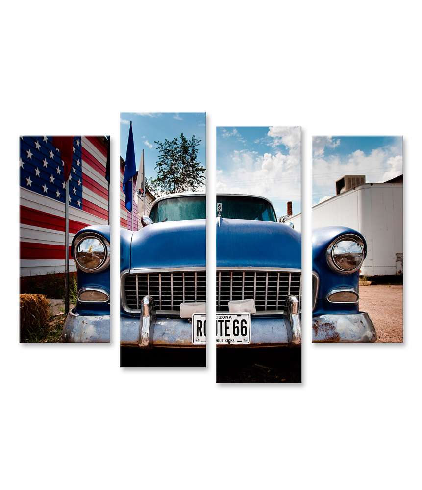 Islandburner Bild auf Leinwand USA-Flagge, Route 66 und amerikanisches Auto Wandbild