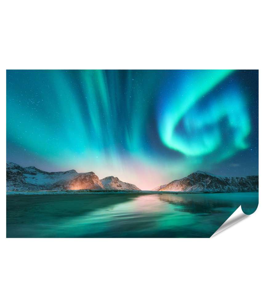 Islandburner XXL Premium Poster Nordlicht Aurora Borealis über den Lofoten Inseln, Norwegen, mit Sternenhimmel