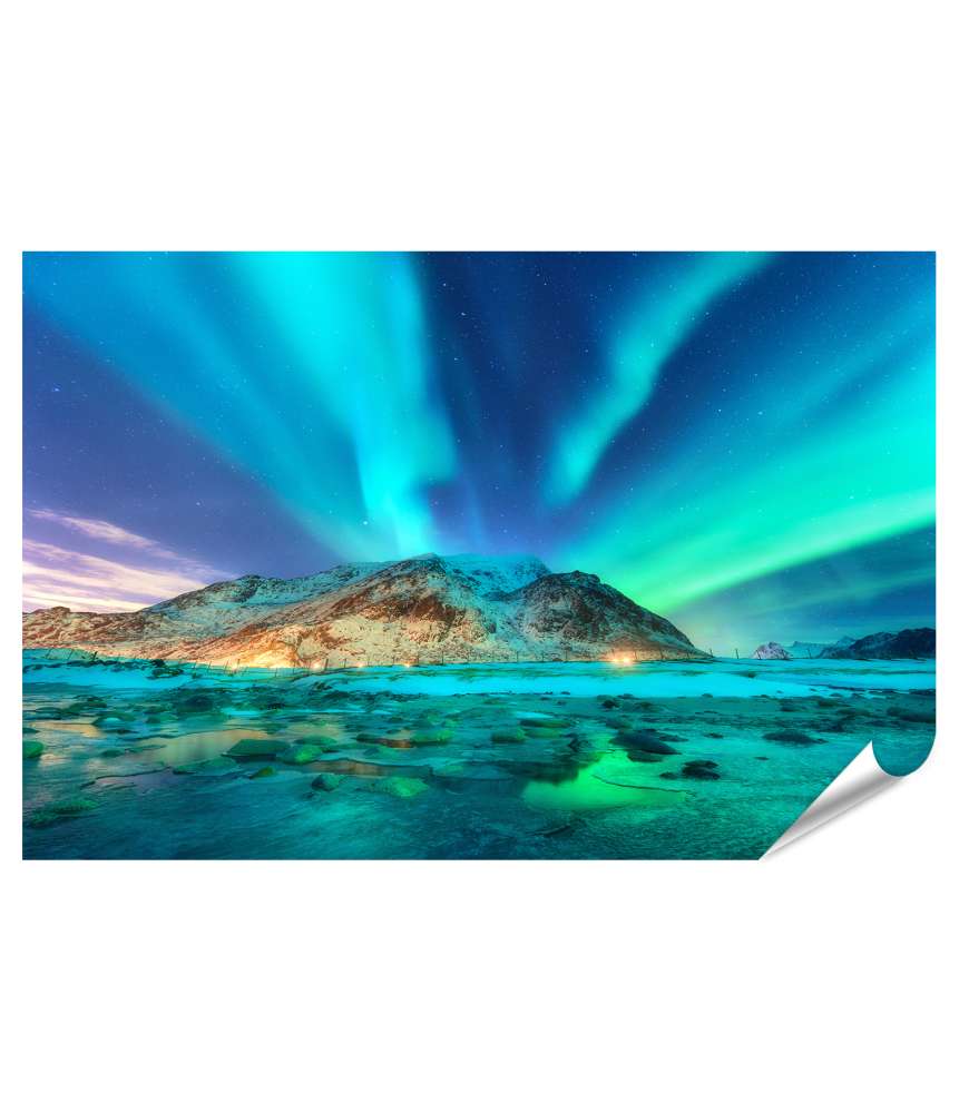 Islandburner XXL Premium Poster Nordlichter über den winterlichen Lofoten Inseln in Norwegen, Nachtansicht