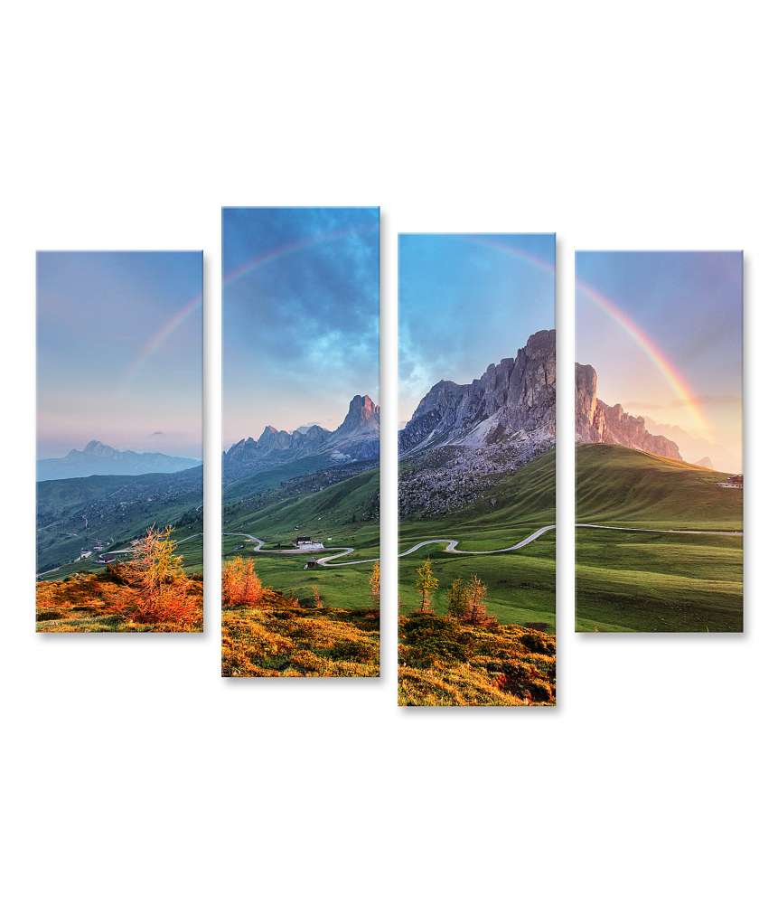 Islandburner Bild auf Leinwand Idyllische Alpenlandschaft mit Bergen und Regenbogen Wandbild