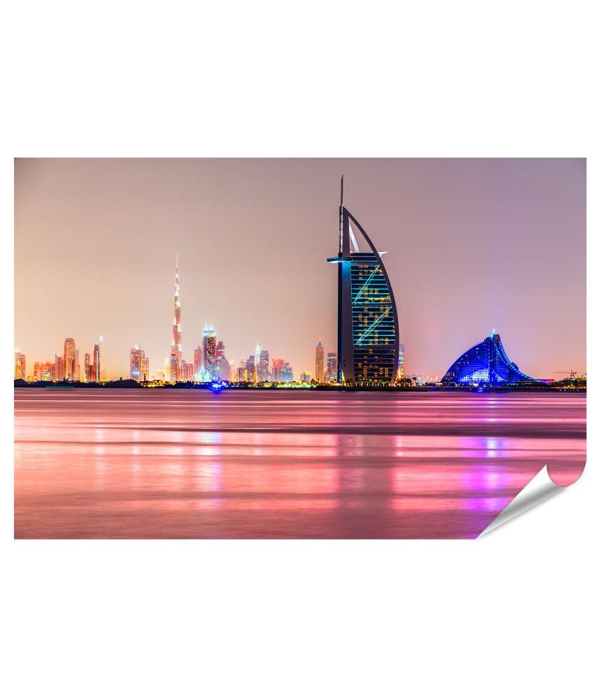 Islandburner XXL Premium Poster Burj Al Arab Dubai Hotel vor rosafarbenem Himmel und Meer