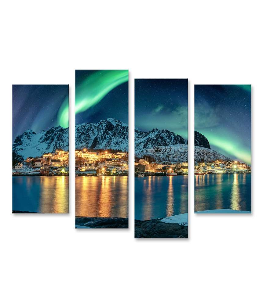 Islandburner Bild auf Leinwand Aurora Borealis beleuchtet ein Fischerdorf an der winterlichen Lofoten-Küste